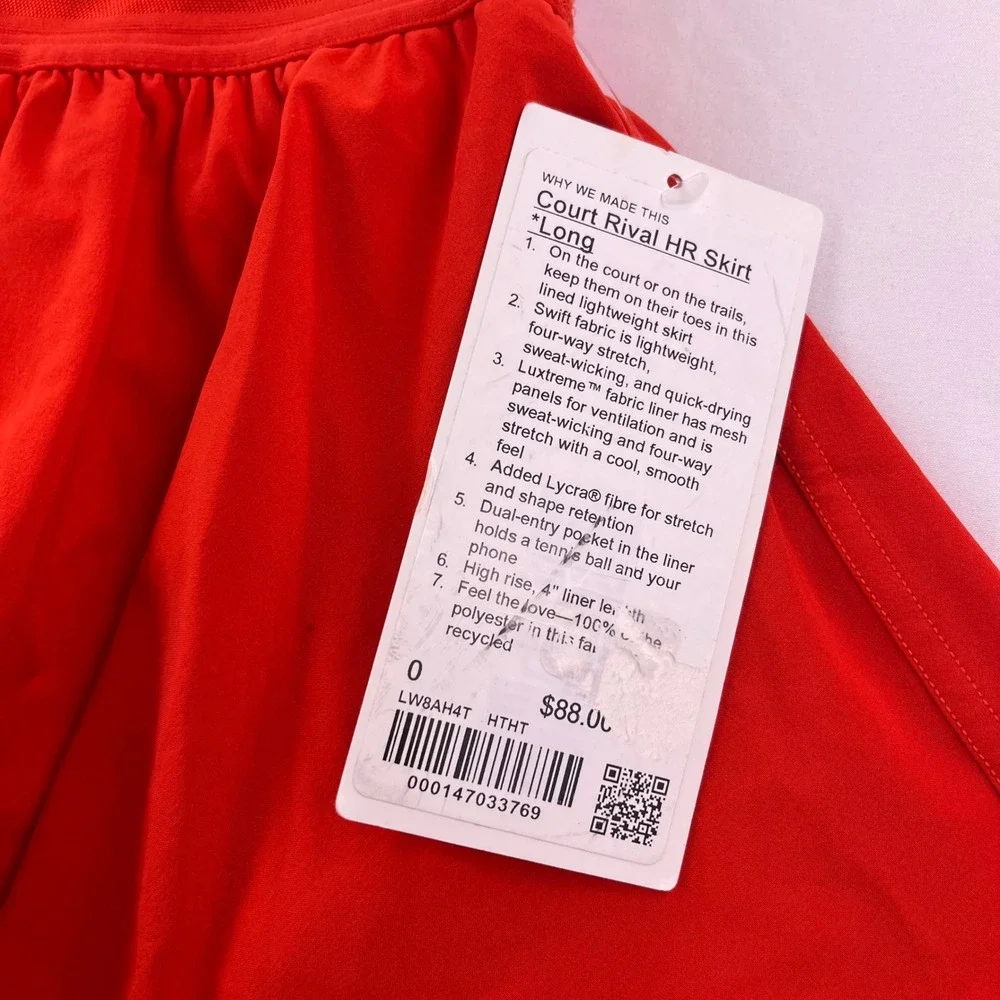 Lululemon Court Rival HR Skirt Long Heat Red HTHT LW8AH4T Size 0 NWT